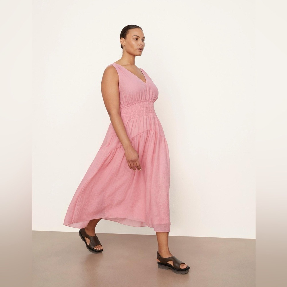 NWT Vince V-Neck Smocked Tiered Midi Dress Rose Pink Size 1X
